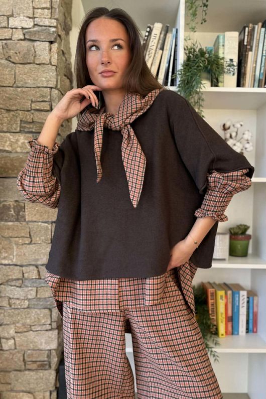 Donald Plaid Brushed Cotton Neckerchief Blouse Rust